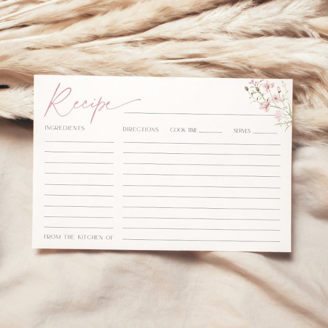 Cartão de receita para flores silvestres rosa-rosa (Recipe card with blush pink flowers for bridal shower)