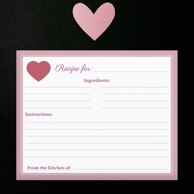 Cartão de Receita Rosa Chá de panela Russo do Cora (Red Heart Rustic Bridal Shower Pink Recipe Card)