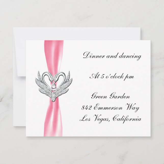 Cartão de Recepção Cisnes de Prata com Laço Rosa (Frente)