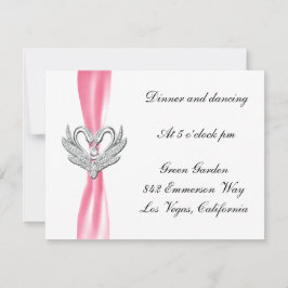 Cartão de Recepção Cisnes de Prata com Laço Rosa