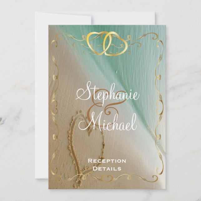 Cartão de Recepção Coração Gravado Na Areia (Frente)