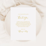 Cartão de Recepção de Agradecimento em Ouro Simple<br><div class="desc">Este cartão de recepção de agradecimento em ouro simples e elegante é perfeito para o seu casamento moderno minimalista branco e dourado. O design apresenta uma fonte dourada contemporânea minimalista acompanhada por caligrafia formal. Mantenha-o como está ou personalize-o com sua própria arte ou fotos!</div>