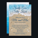 Cartão de Recepção de Casamento com Ondas Azuis da<br><div class="desc">A brincalhona e divertida frase, Sandy Toes Salty Kisses, por favor junte-se a nós como Sr. & Sra. dá um toque especial a este convite de recepção de casamento no fundo de água azul aqua, areia da praia, conchas, estrelas-do-mar e dólares de areia. A parte de trás deste convite é...</div>