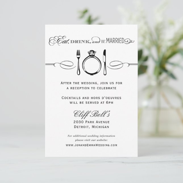 Cartão de Recepção de Casamento Coma, Beba, Seja C (Em pé/Frente)