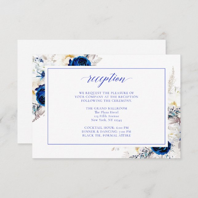 Cartão de Recepção de Casamento Floral Azul Real M (Frente/Verso)