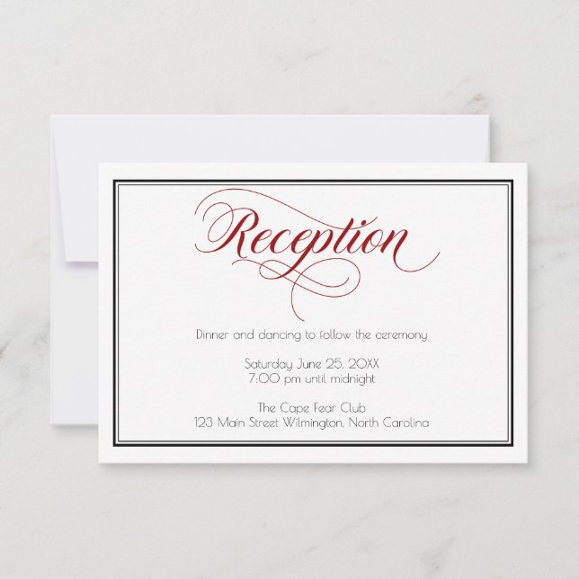Cartão de Recepção de Casamento Red Graceful Scrip (Frente)