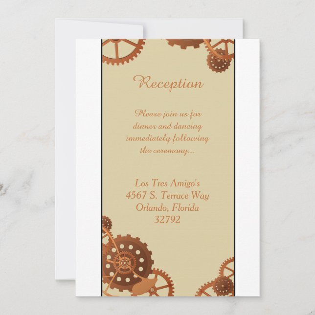 Cartão de Recepção de Casamento Steampunk Cogs Eng (Frente)