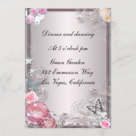 Cartão de Recepção de Flor e Borboleta Rosa