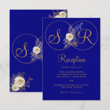 Cartão de Recepção do Monograma Dourado Azul marin
