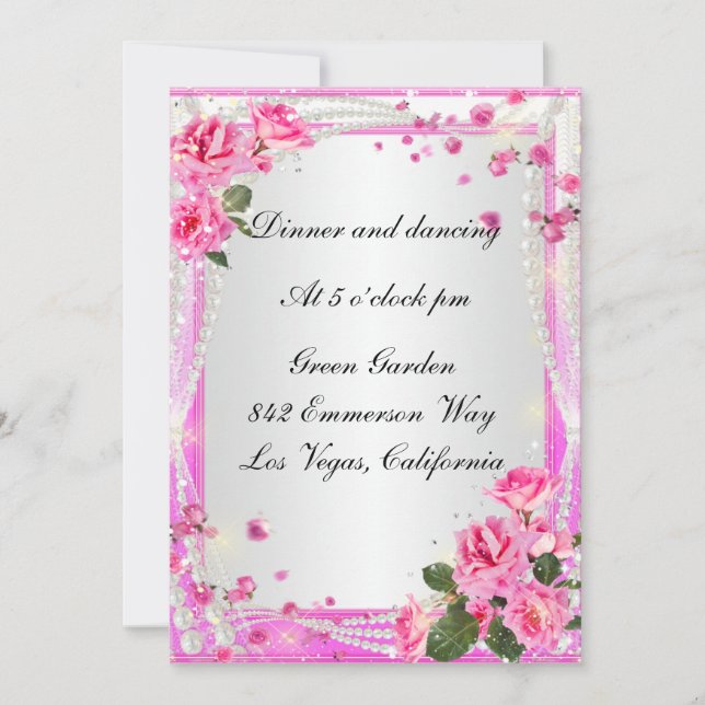 Cartão de Recepção Rosas Rosa e Pérolas (Frente)