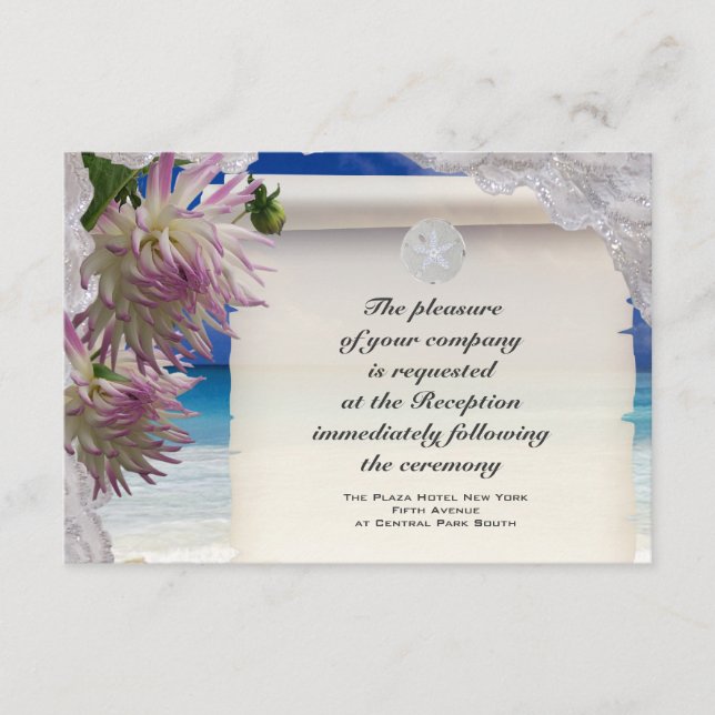 Cartão de Recepção Tropical Dólar de Areia e Renda (Frente)