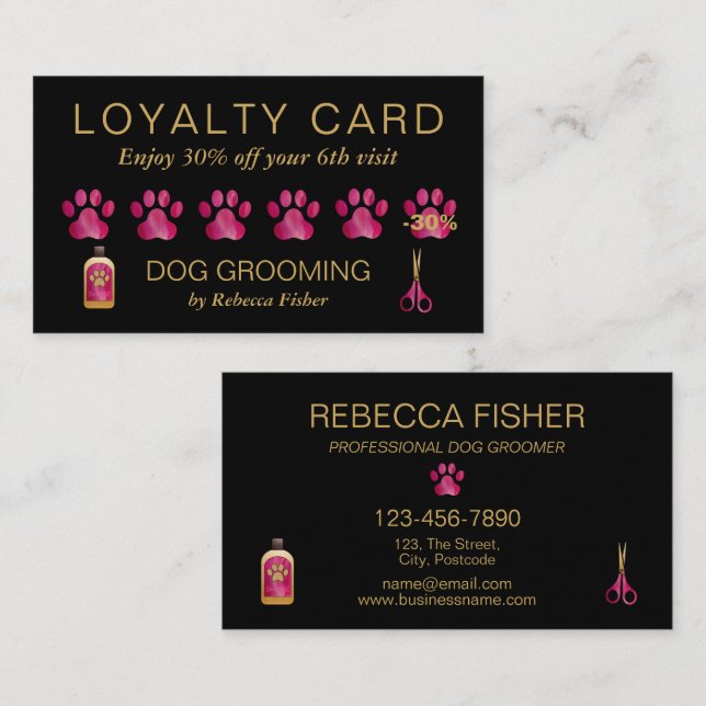 Cartão de Recompensa de Lealdade Preto para Cachor (Frente/Verso)