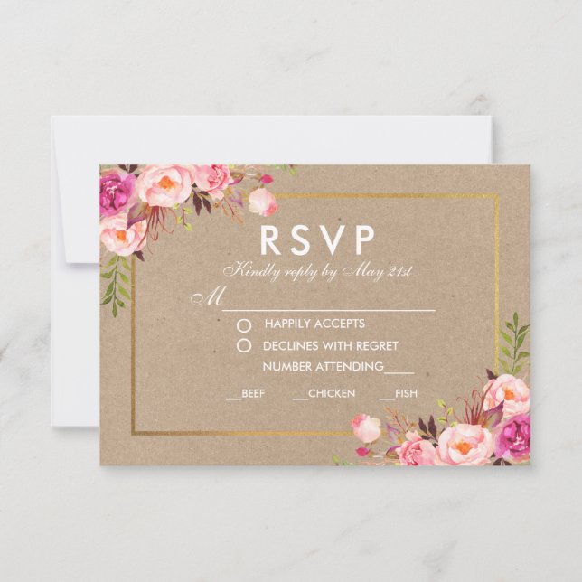 Cartão de Refeição de Casamento de RSVP Dourado Fl (Frente)