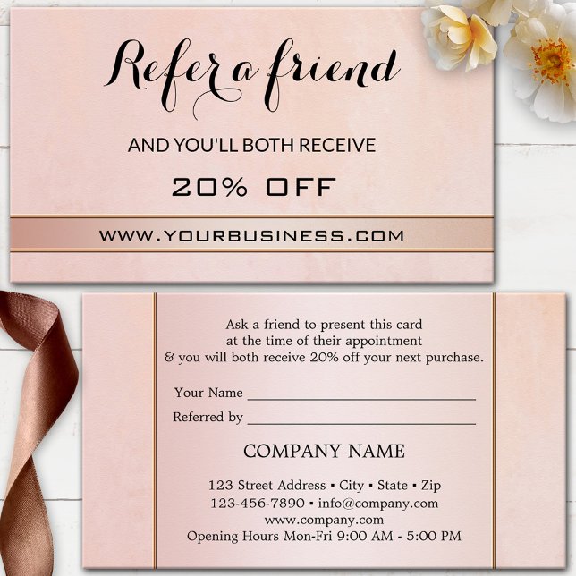 Cartão de Referência Blush Rose Gold (Elegant referral business card featuring a blush pink and rose gold artistic design)