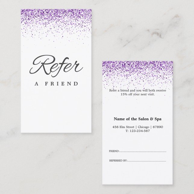 Cartão de Referência de Salão roxo com brilho de l (Frente/Verso)