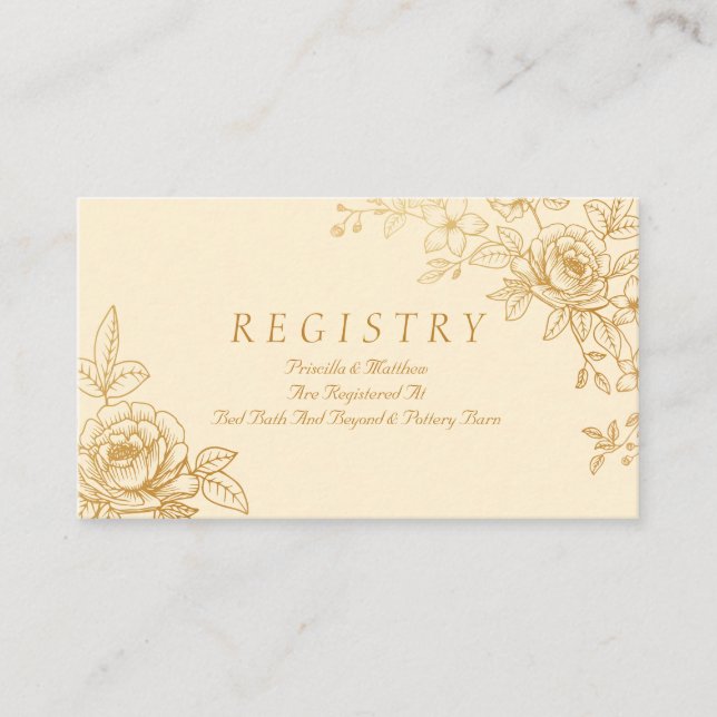 Cartão de Registro de Casamento Floral Dourado Ele (Frente)