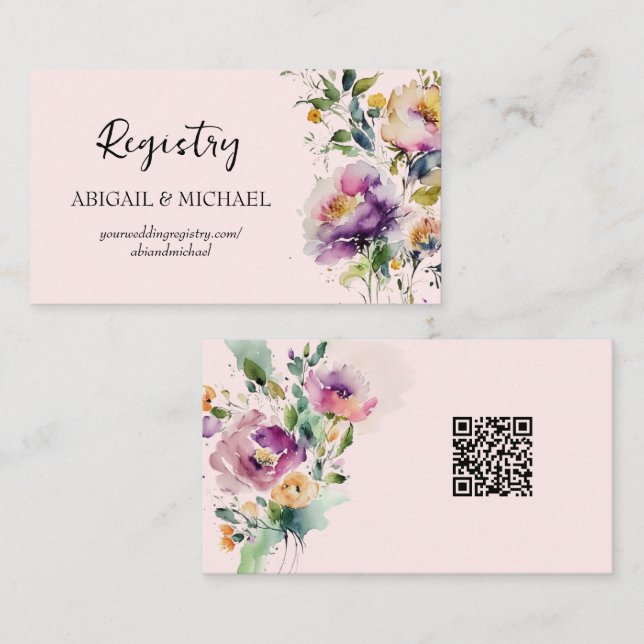 Cartão de Registro Floral de Aquarela com código Q (Frente/Verso)