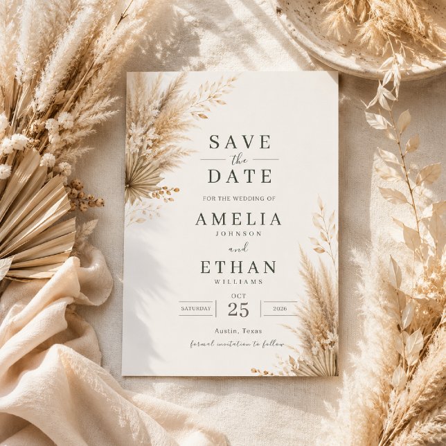 Cartão de Reserva de Data Botânico Pampas Neutro (Neutral Pampas Save the Date with timeless boho elegance and earthy botanical details.)