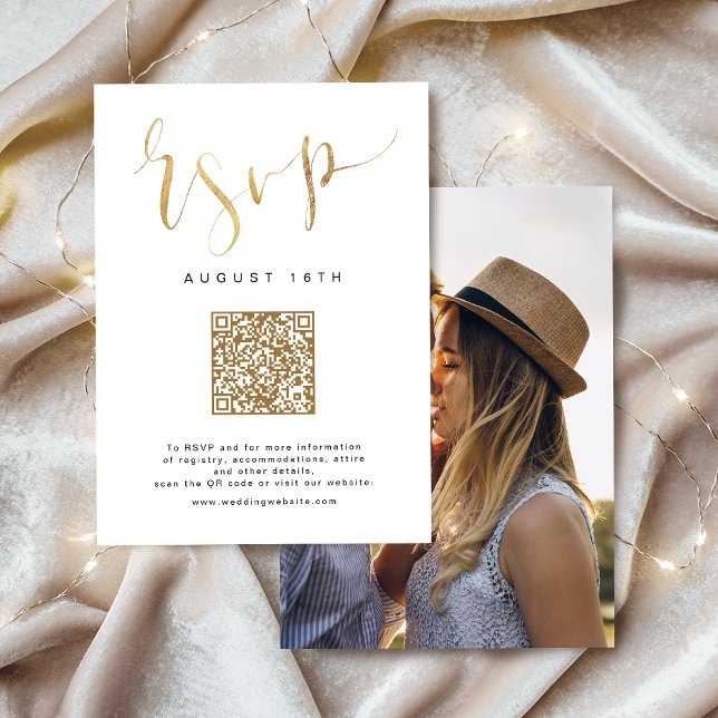 Cartão de Resposta (Gold Modern Simple Script wedding QR code RSVP Card)