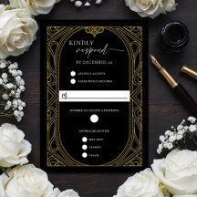 Cartão de Resposta Art Déco em Preto Elegante com