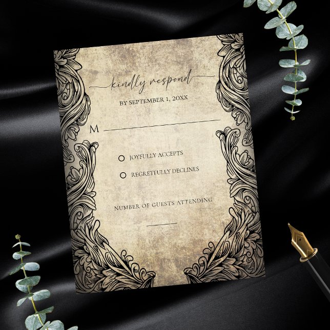 Cartão de Resposta Bege Rústico com Enfeites Antig (Vintage Scrollwork Rustic Beige Response Card)