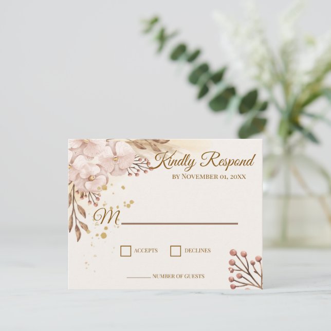 Cartão de Resposta Boho Floral Bege e Dourado Rúst (Em pé/Frente)