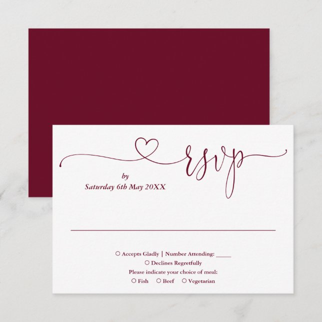 Cartão de Resposta Burgundy e Branco com Coração e (Frente/Verso)