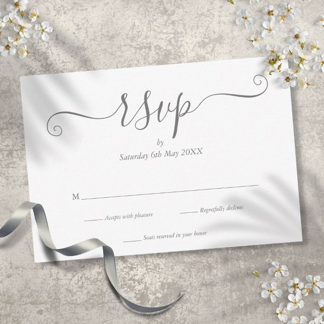 Cartão de Resposta com Letra de Assinatura Prata E (Elegant Silver Signature Script RSVP Card)