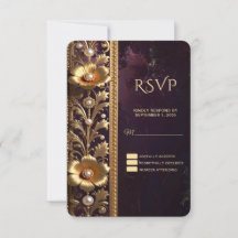 Cartão de Resposta com Ornamento Floral Dourado e 