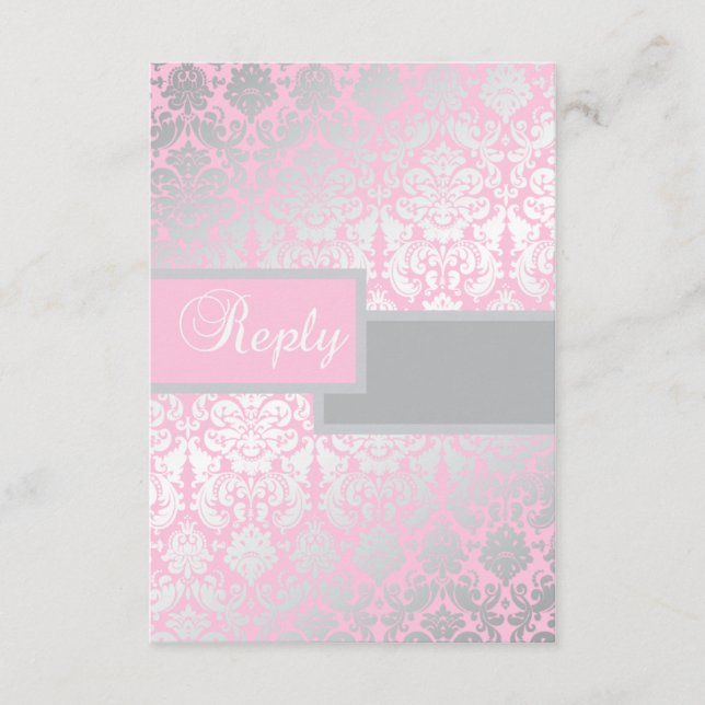 Cartão de Resposta Damasco Rosa e Cinza (Frente)