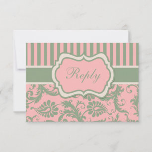 Cartão de Resposta Damask Listrado Rosa, Verde e C