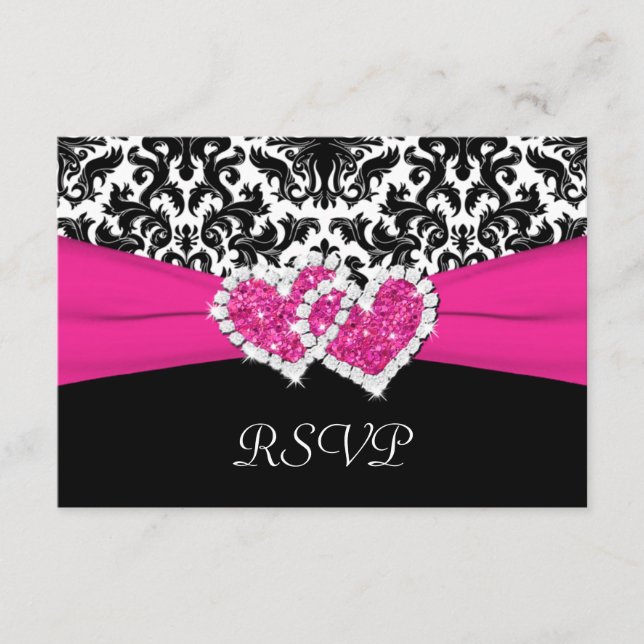 Cartão de Resposta Damask Preto, Branco e Rosa com (Frente)