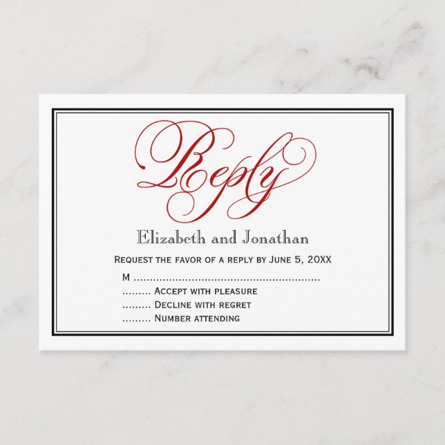 Cartão de Resposta de Caligrafia Vermelho Preto e  (Frente)