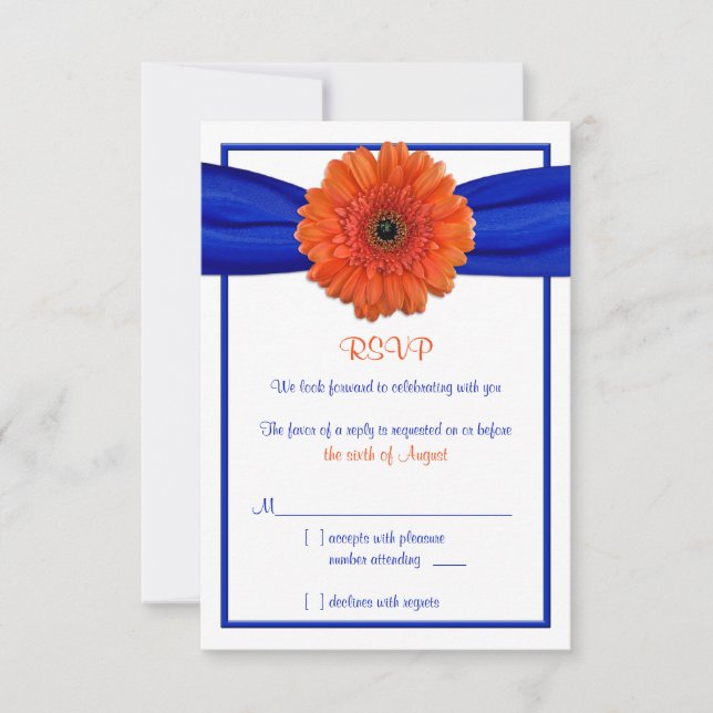 Cartão de Resposta de Casamento Azul com Gerbera D (Frente)