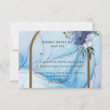 Cartão de Resposta de Casamento Azul & Dourado Ele