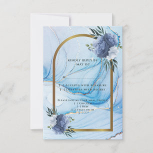 Cartão de Resposta de Casamento Azul e Dourado Ele