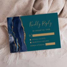Cartão de Resposta de Casamento Azul Naval Dourado