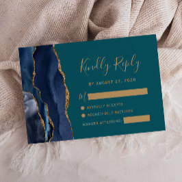 Cartão de Resposta de Casamento Azul Naval Dourado