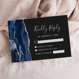 Cartão de Resposta de Casamento Azul Naval Prata Á