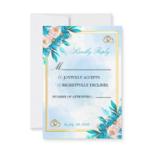 Cartão de Resposta de Casamento Azul Real e Dourad