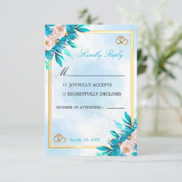 Cartão de Resposta de Casamento Azul Real e Dourad