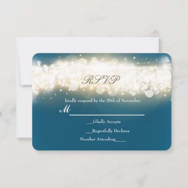 Cartão de Resposta de Casamento Blue Sparkle Light (Frente)