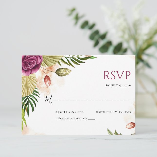 Cartão de Resposta de Casamento Boho Botanical Ele (Em pé/Frente)