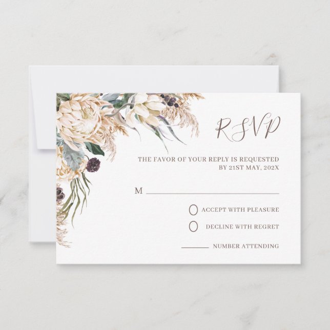 Cartão de Resposta de Casamento Boho Branco Protea (Frente)