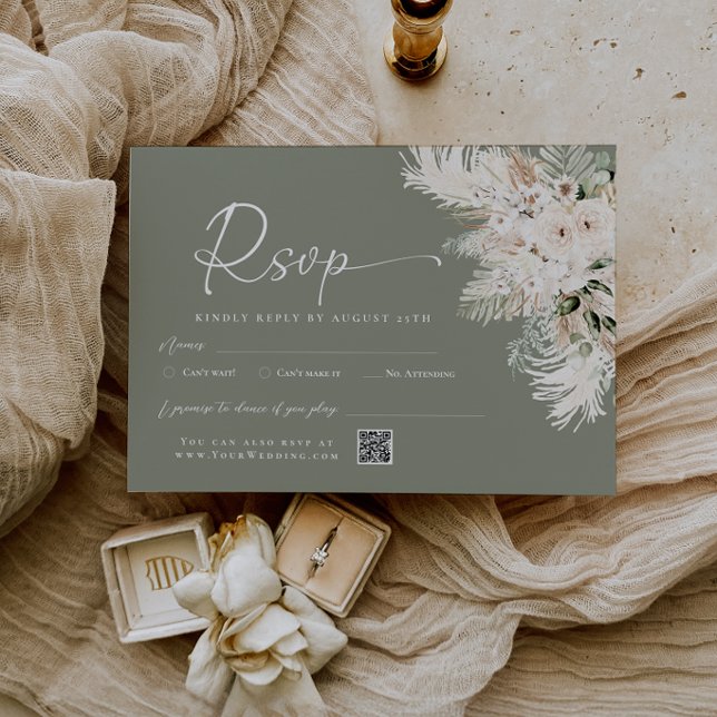 Cartão de Resposta de Casamento Boho Sage Verde co (Boho Sage Green QR Code Wedding RSVP Reply Card)
