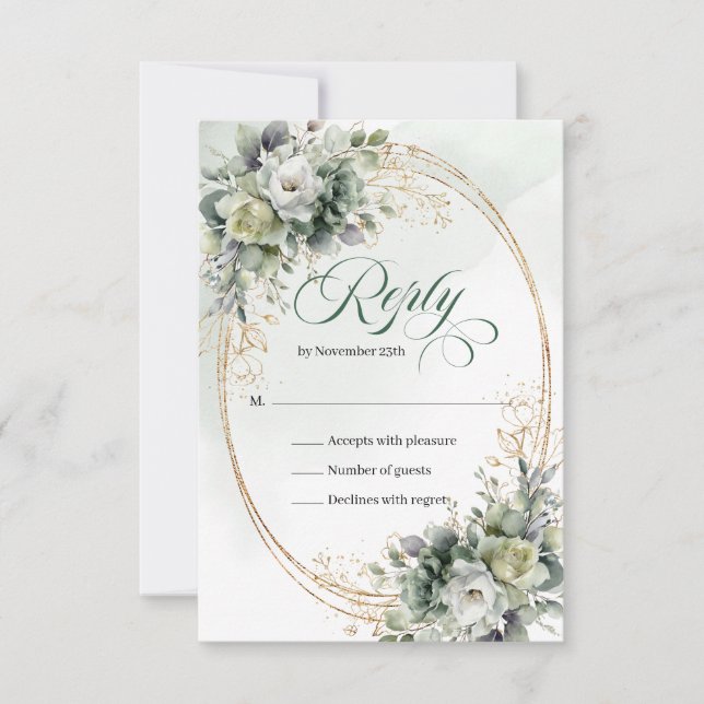 Cartão de Resposta de Casamento Boho Verde Empoeir (Frente)