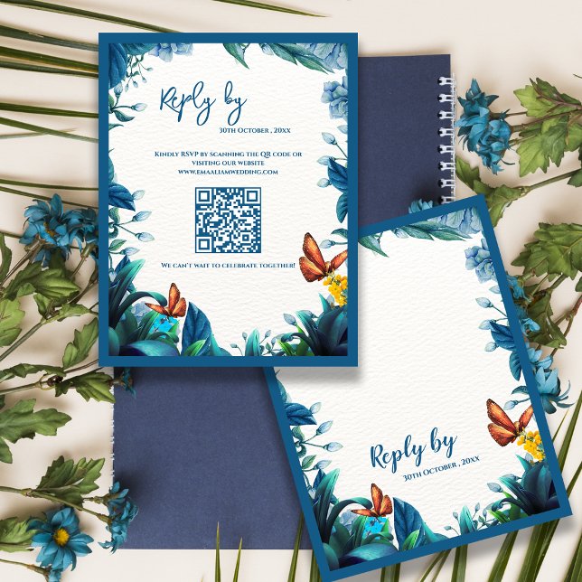 Cartão de Resposta de Casamento Código QR Borbolet (Blue Botanical Butterfly QR Code Wedding reply By RSVP Card)