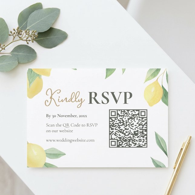 Cartão de Resposta de Casamento com Código QR de L (Lemon Citrus QR Code Wedding RSVP Card)