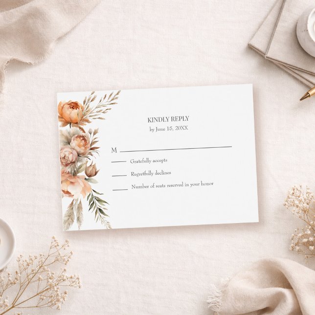 Cartão de Resposta de Casamento com Flores Secas C (Boho Coral and Peach Dry Flower Wedding RSVP Card on a neutral table with boho decor and dry flower)