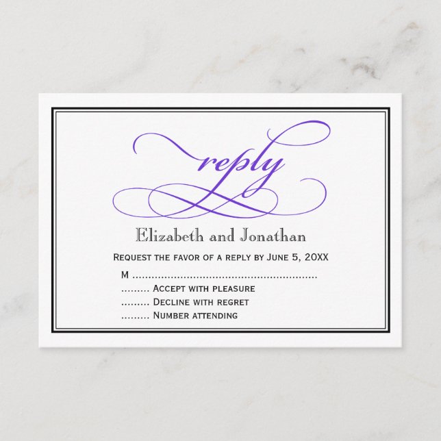 Cartão de Resposta de Casamento com Script Roxo e  (Frente)